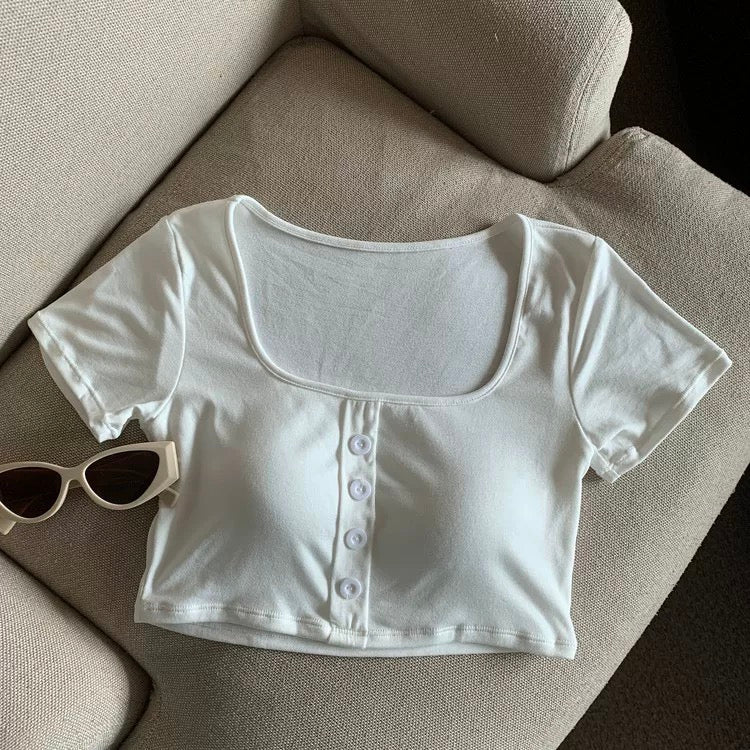 Nina Buttoned Built-In Bra Crop T-shirt